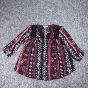 Rewind Boho Peasant Blouse Medium Red Floral Geometric Lace Festival Cottage‎
